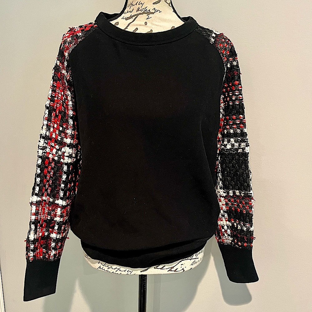 Rag & Bone Linton Racer Sweatshirt with Plaid Tweed Sleeves - Picture 3 of 15